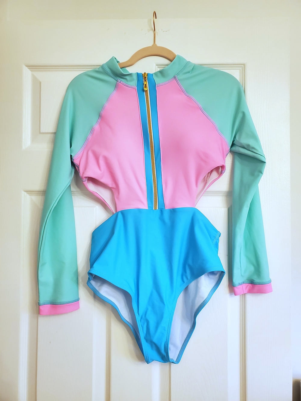 Colorblock Long Sleeve One-Piece Swimsuit - Pink, Mint & Blue